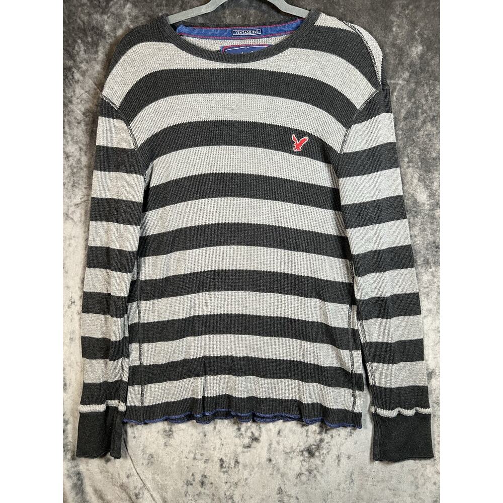 American Eagle Striped Thermal Waffle Knit Long Sleeve Gray Black XL Vintage Y2K